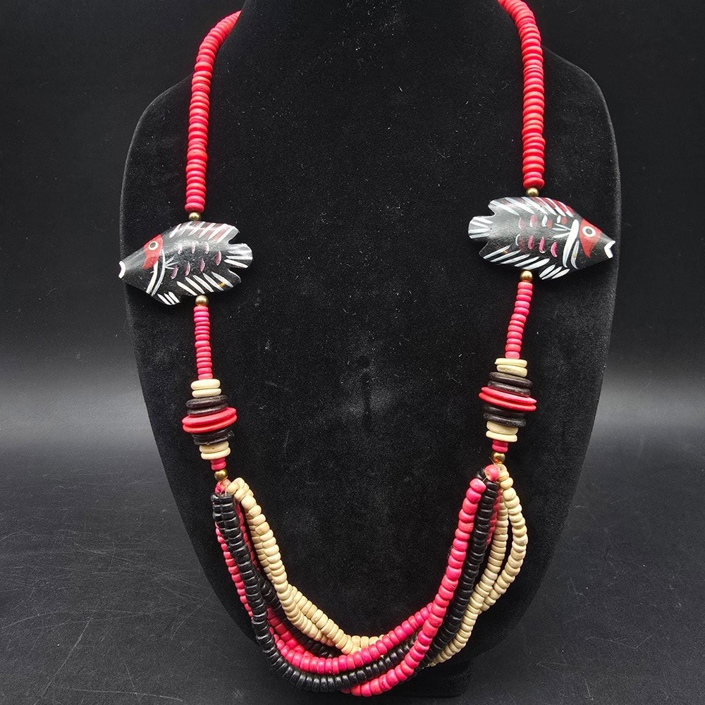 Red Black Beige Wood Beaded Fish Necklace Carved Artisan Vintage